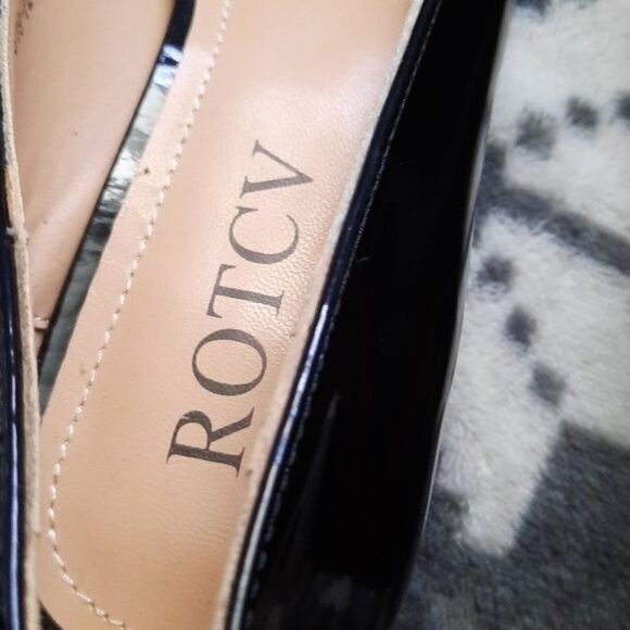 Rotcv Black Patent Leather Pointed Toe  Red & Black Unique Heel Shoe Size 6 - Picture 9 of 14